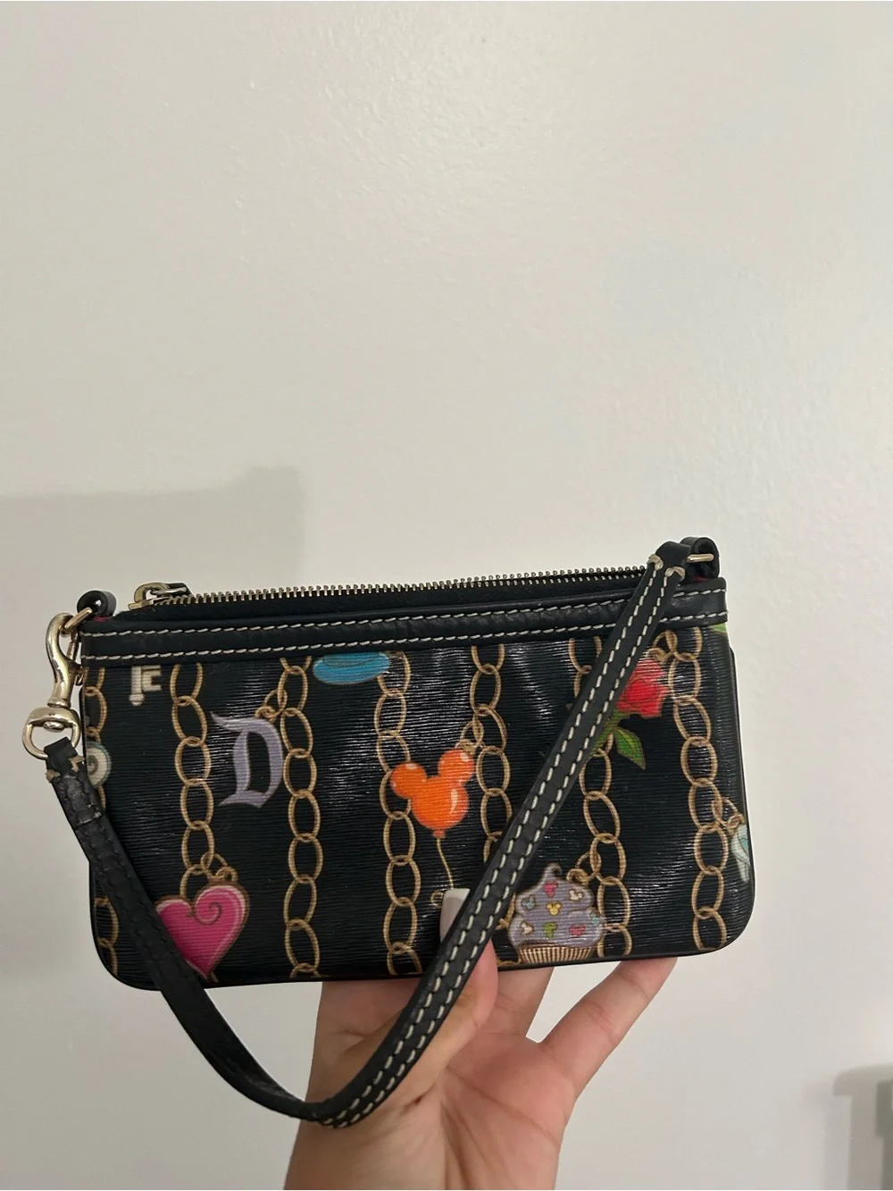 Dooney & Bourke Black Chain Print Wristlet with Disney Charms